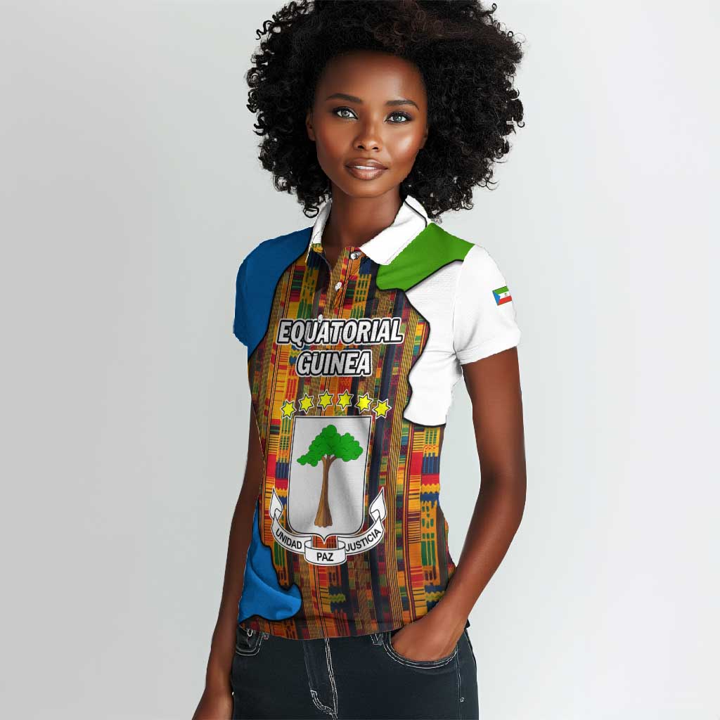 Equatorial Guinea Kente Women Polo Shirt - Tribal Mask and National Coat of Arms