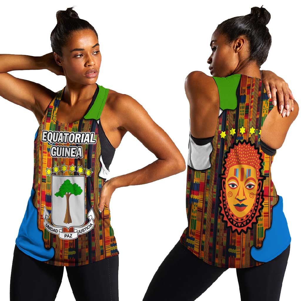 Equatorial Guinea Kente Women Racerback Tank - Tribal Mask and National Coat of Arms
