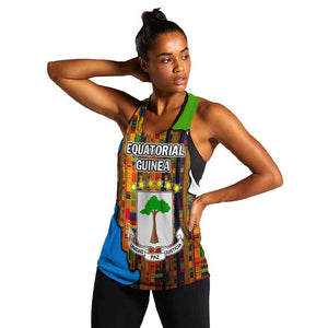 Equatorial Guinea Kente Women Racerback Tank - Tribal Mask and National Coat of Arms