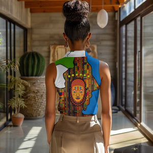 Equatorial Guinea Kente Women Sleeveless Polo Shirt - Tribal Mask and National Coat of Arms