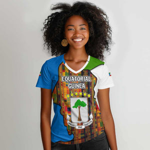 Equatorial Guinea Kente Women V-Neck T-Shirt - Tribal Mask and National Coat of Arms
