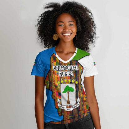 Equatorial Guinea Kente Women V-Neck T-Shirt - Tribal Mask and National Coat of Arms