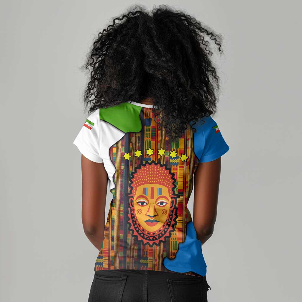 Equatorial Guinea Kente Women V-Neck T-Shirt - Tribal Mask and National Coat of Arms