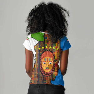 Equatorial Guinea Kente Women V-Neck T-Shirt - Tribal Mask and National Coat of Arms