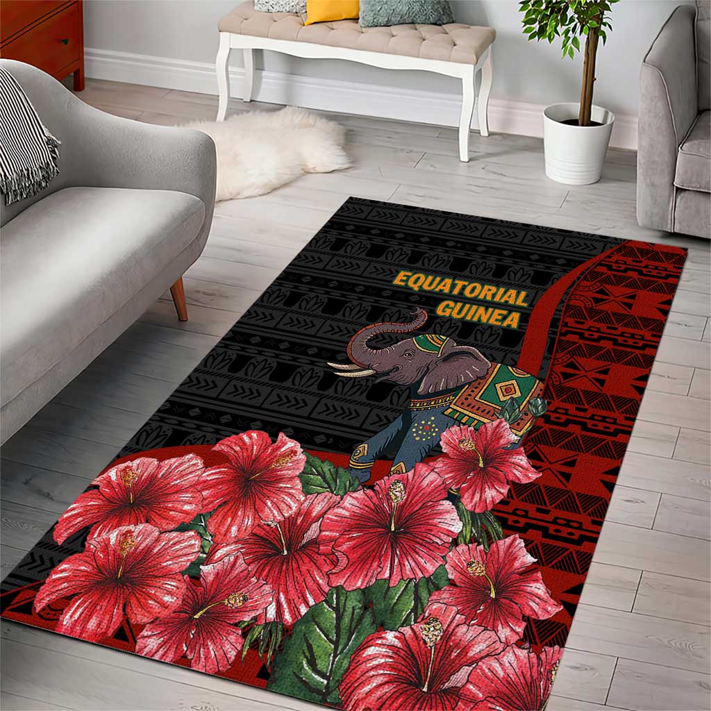 Equatorial Guinea Elephant Area Rug - Hibiscus Flowers and Tribal Patterns