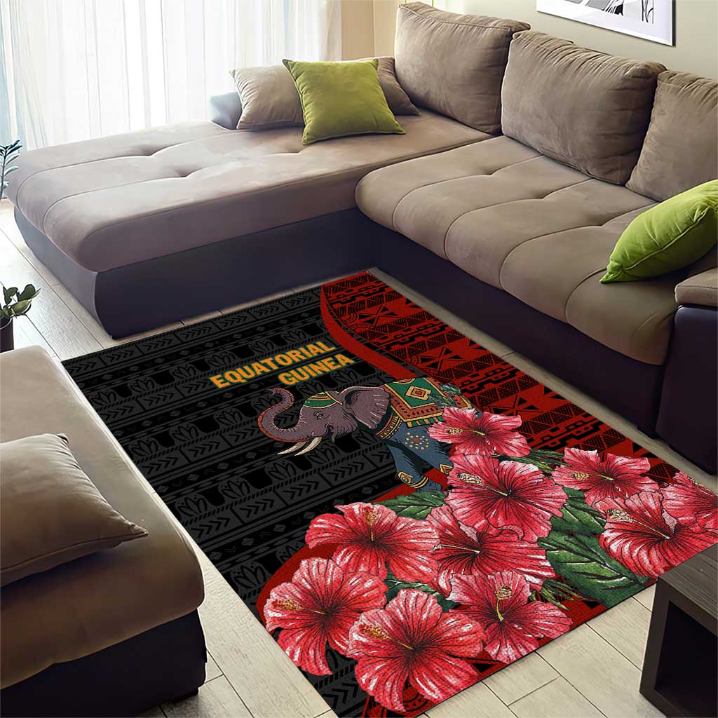 Equatorial Guinea Elephant Area Rug - Hibiscus Flowers and Tribal Patterns