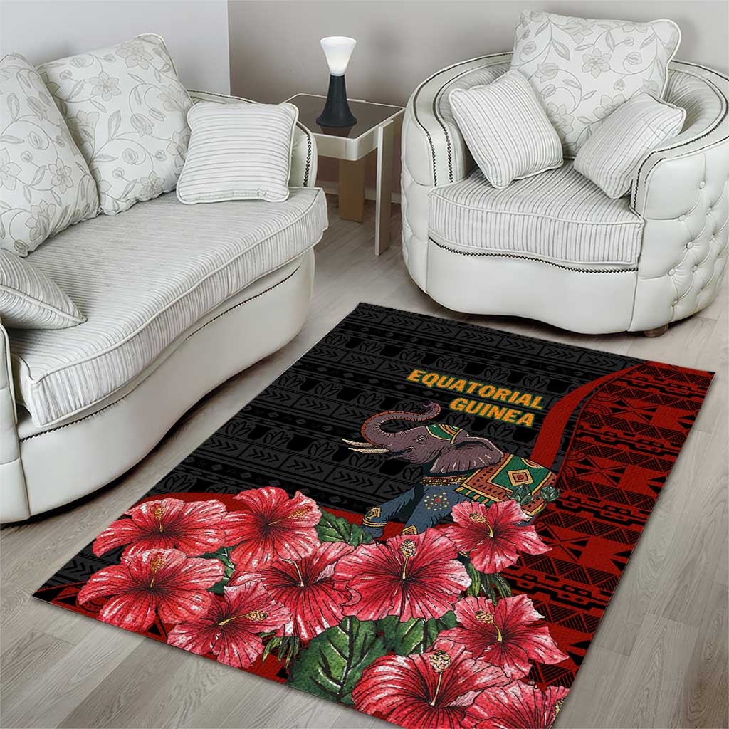Equatorial Guinea Elephant Area Rug - Hibiscus Flowers and Tribal Patterns