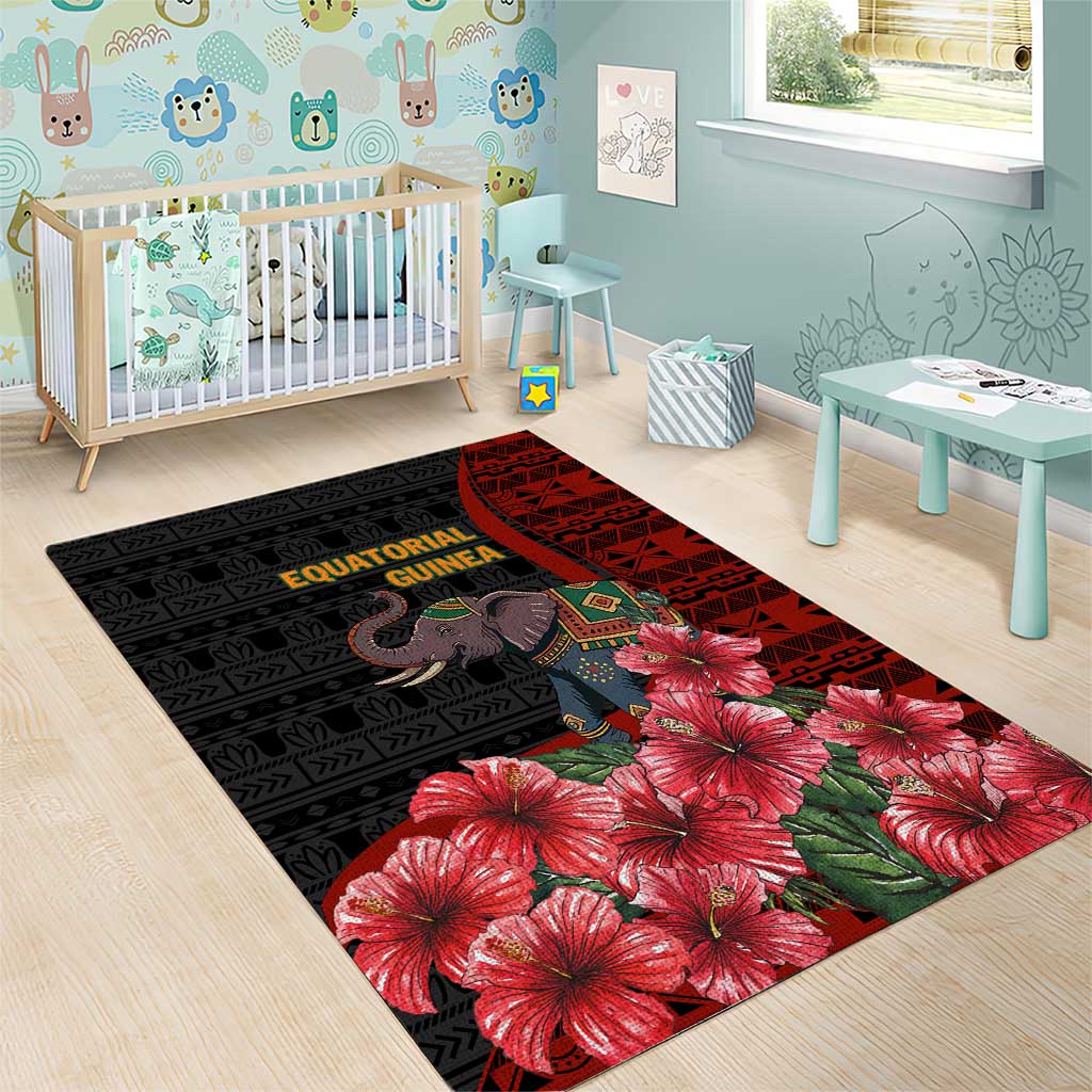 Equatorial Guinea Elephant Area Rug - Hibiscus Flowers and Tribal Patterns