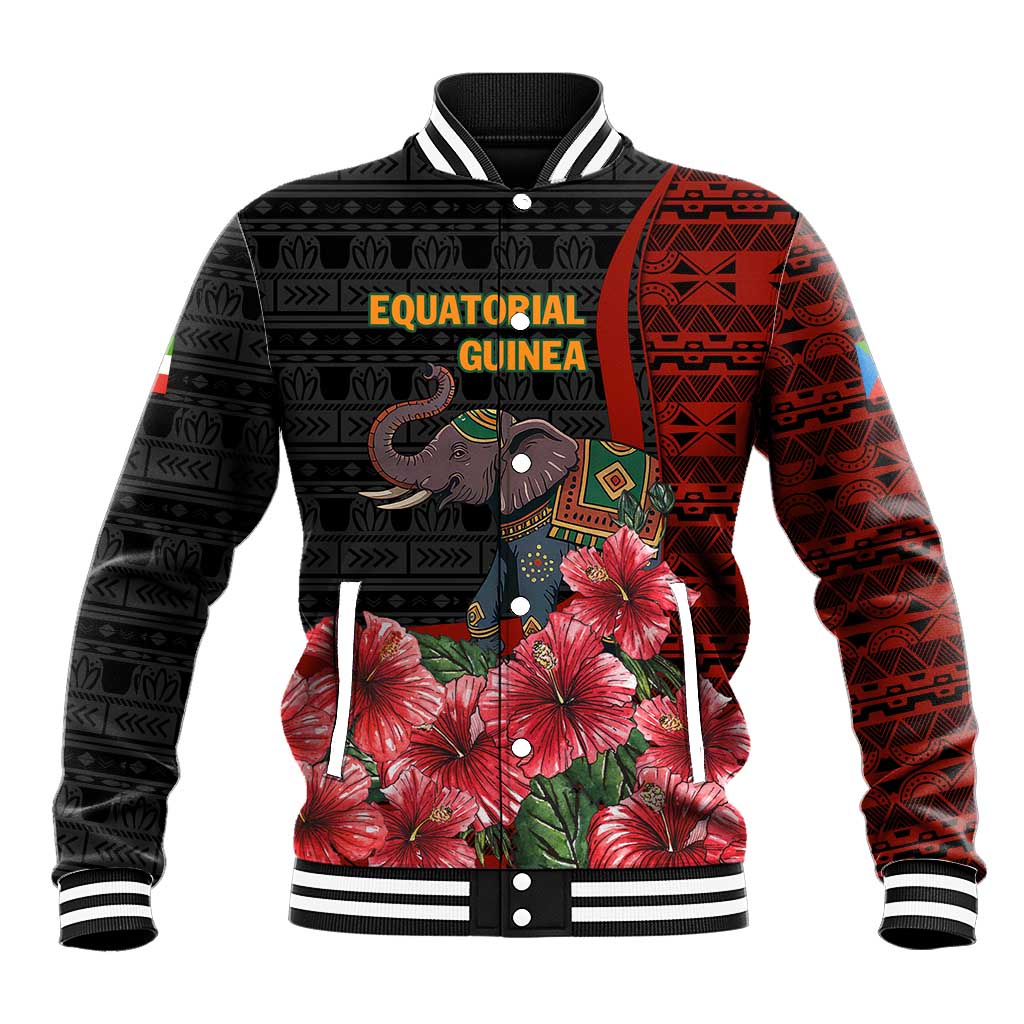 Equatorial Guinea Elephant Baseball Jacket - Hibiscus Flowers and Tribal Patterns