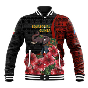 Equatorial Guinea Elephant Baseball Jacket - Hibiscus Flowers and Tribal Patterns