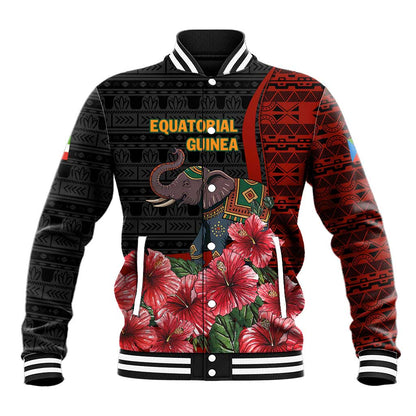 Equatorial Guinea Elephant Baseball Jacket - Hibiscus Flowers and Tribal Patterns