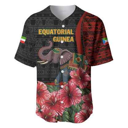 Equatorial Guinea Elephant Baseball Jersey - Hibiscus Flowers and Tribal Patterns