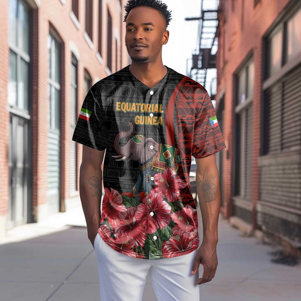 Equatorial Guinea Elephant Baseball Jersey - Hibiscus Flowers and Tribal Patterns