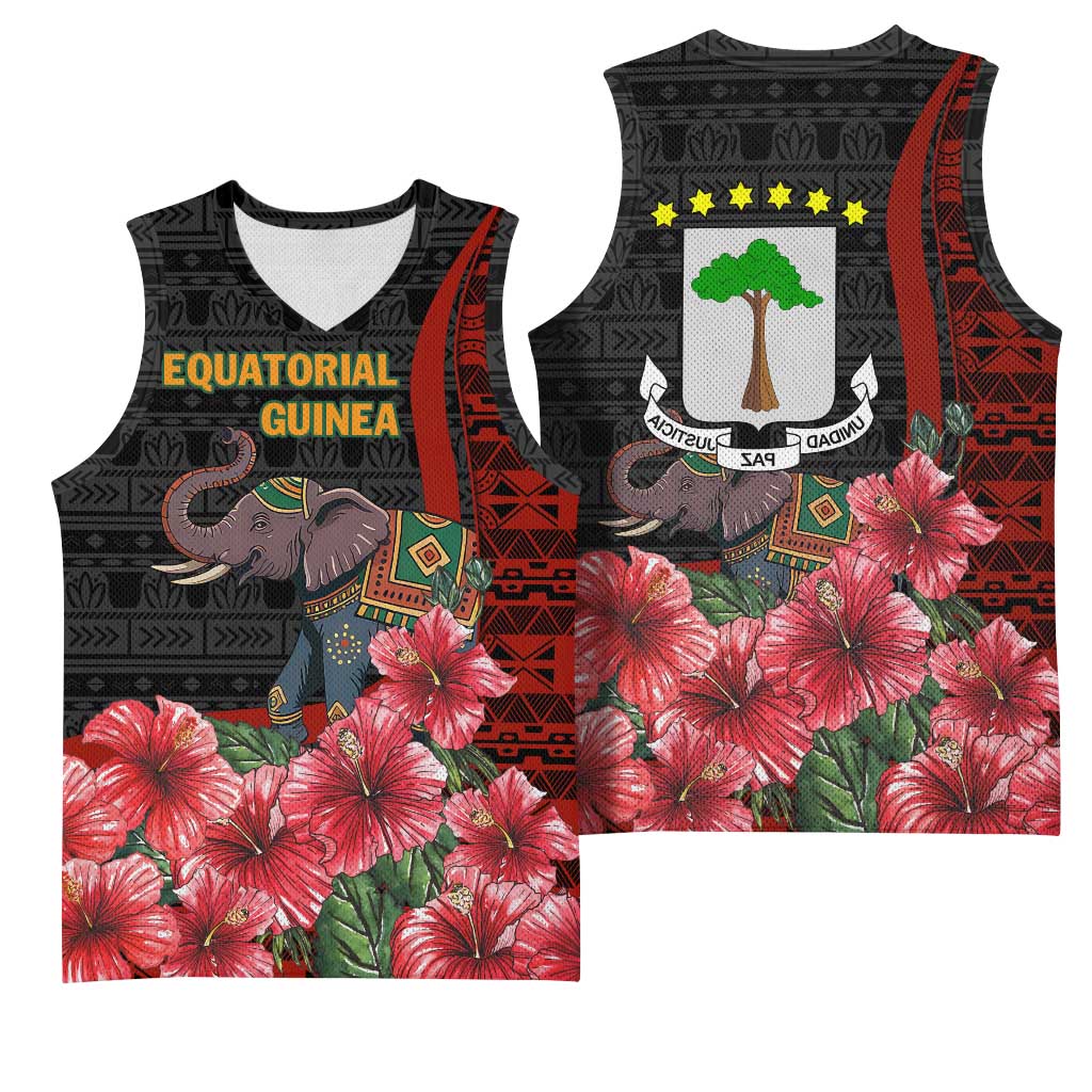 Equatorial Guinea Elephant Basketball Jersey - Hibiscus Flowers and Tribal Patterns - African Pride