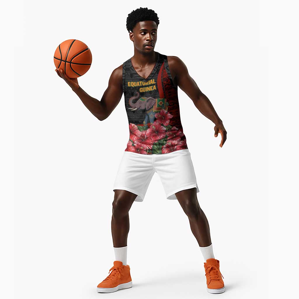 Equatorial Guinea Elephant Basketball Jersey - Hibiscus Flowers and Tribal Patterns - African Pride