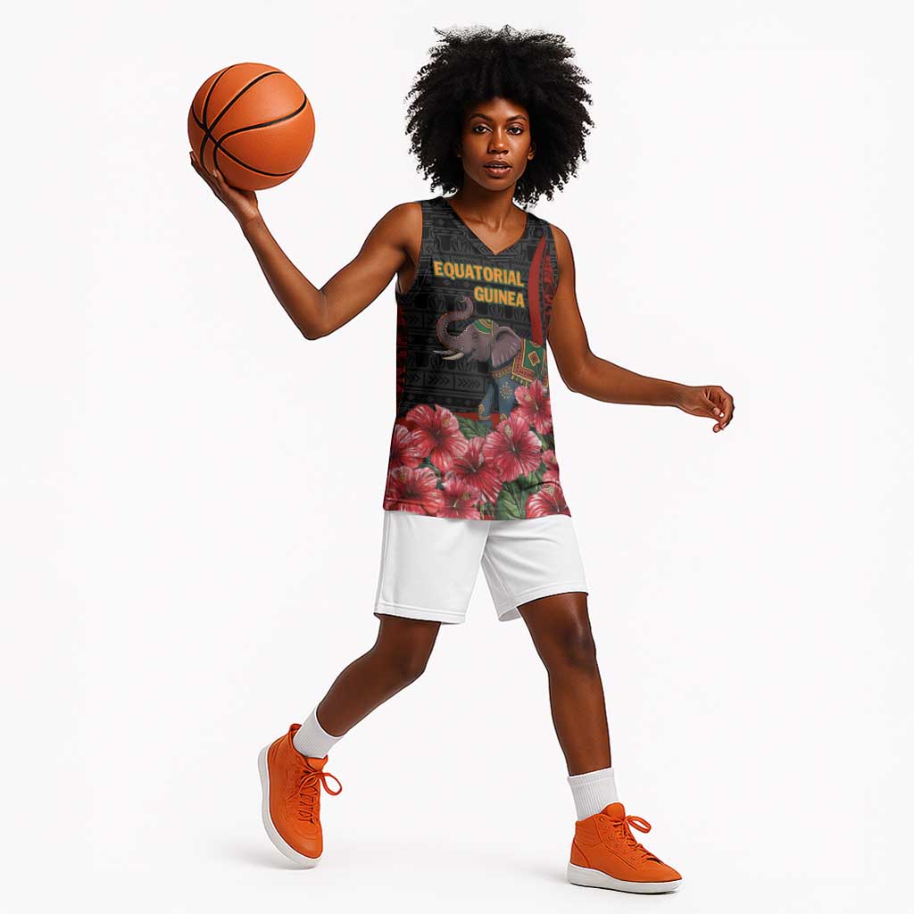 Equatorial Guinea Elephant Basketball Jersey - Hibiscus Flowers and Tribal Patterns - African Pride