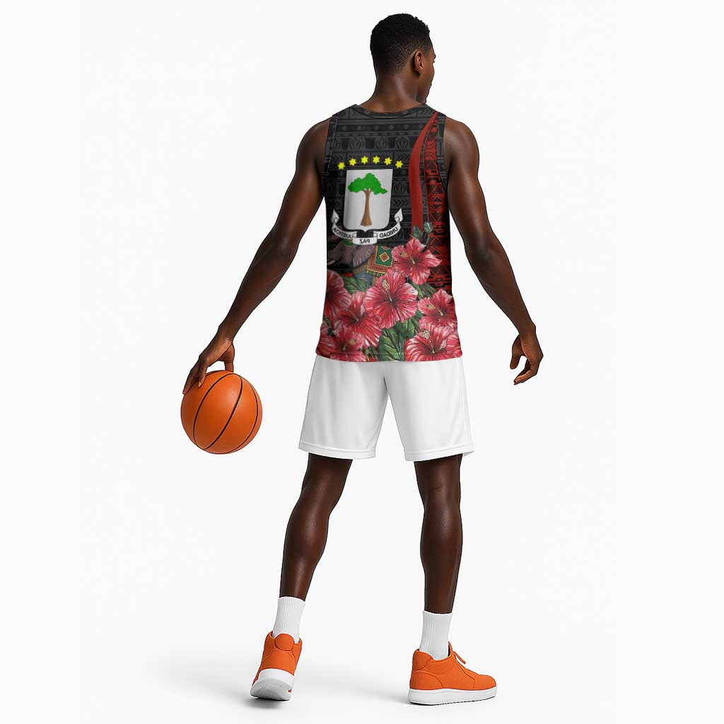 Equatorial Guinea Elephant Basketball Jersey - Hibiscus Flowers and Tribal Patterns - African Pride
