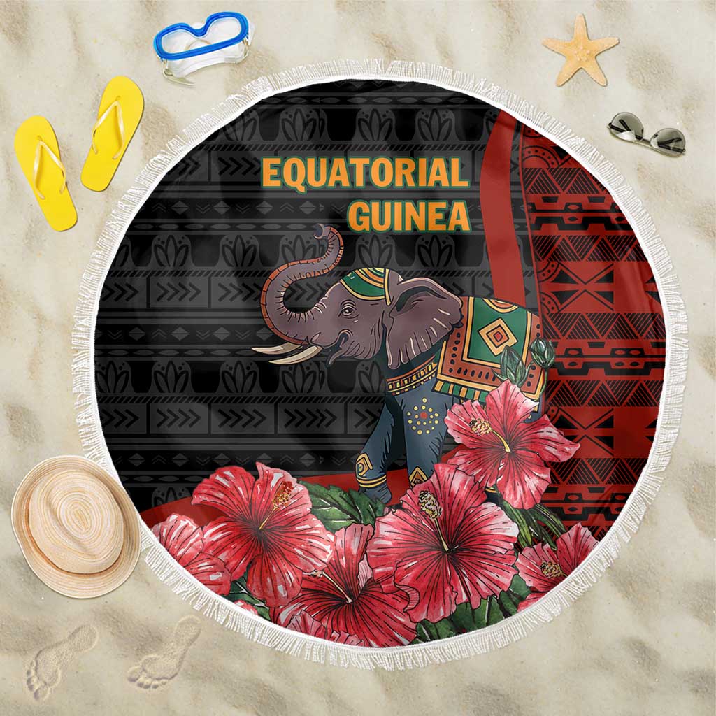 Equatorial Guinea Elephant Beach Blanket - Hibiscus Flowers and Tribal Patterns