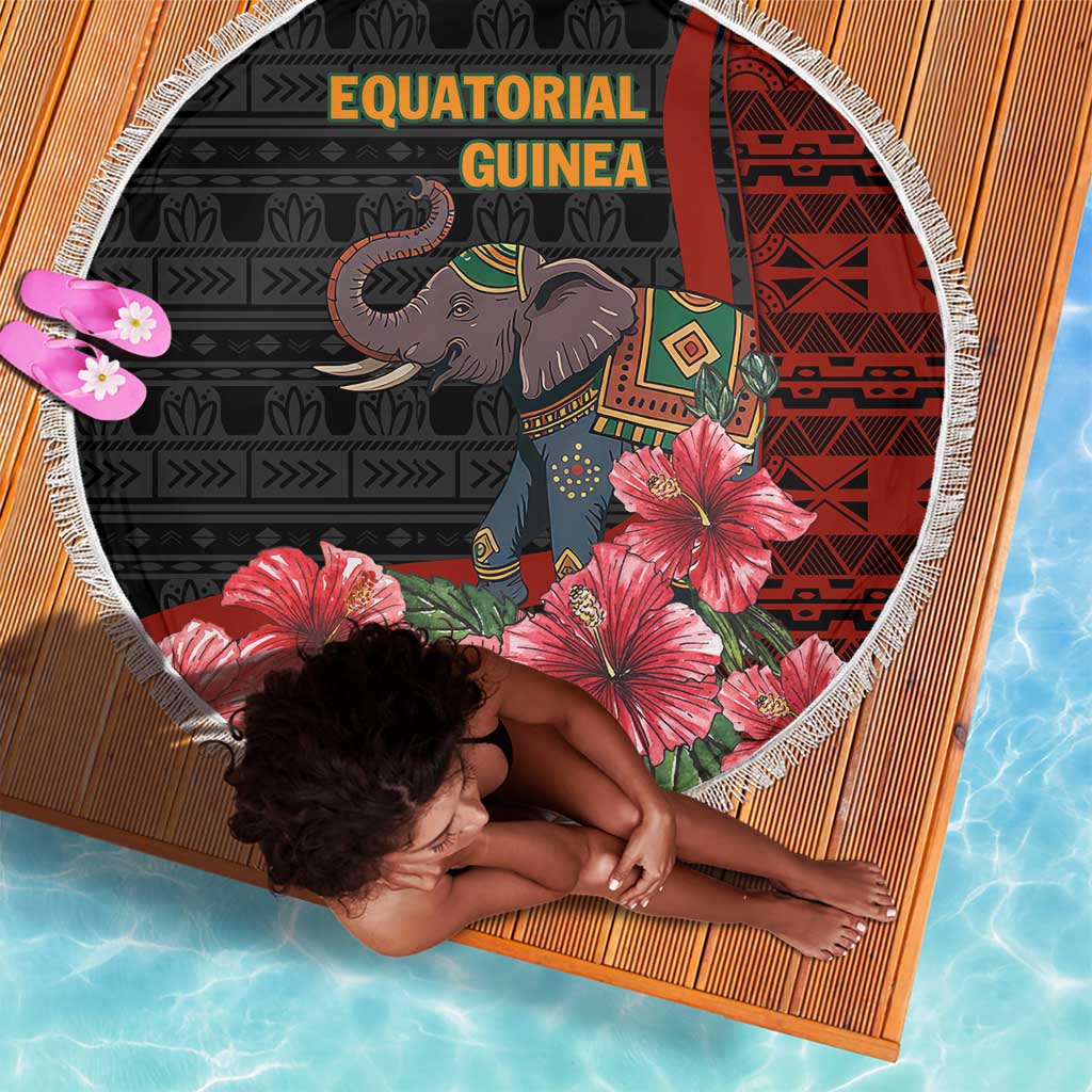 Equatorial Guinea Elephant Beach Blanket - Hibiscus Flowers and Tribal Patterns
