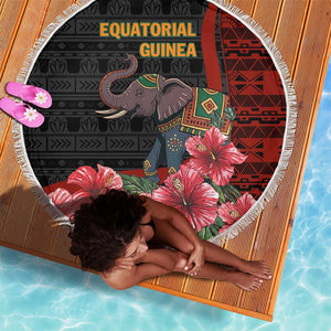 Equatorial Guinea Elephant Beach Blanket - Hibiscus Flowers and Tribal Patterns