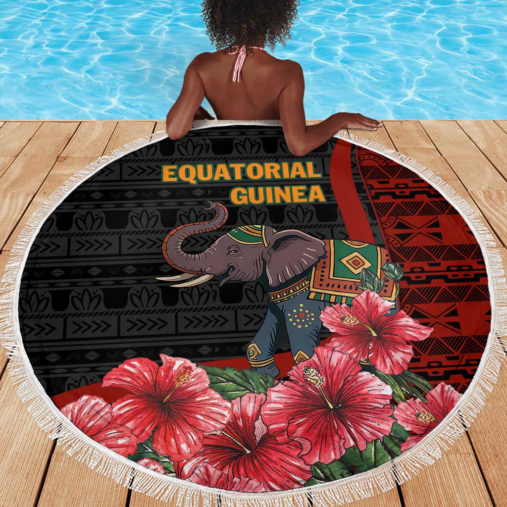 Equatorial Guinea Elephant Beach Blanket - Hibiscus Flowers and Tribal Patterns