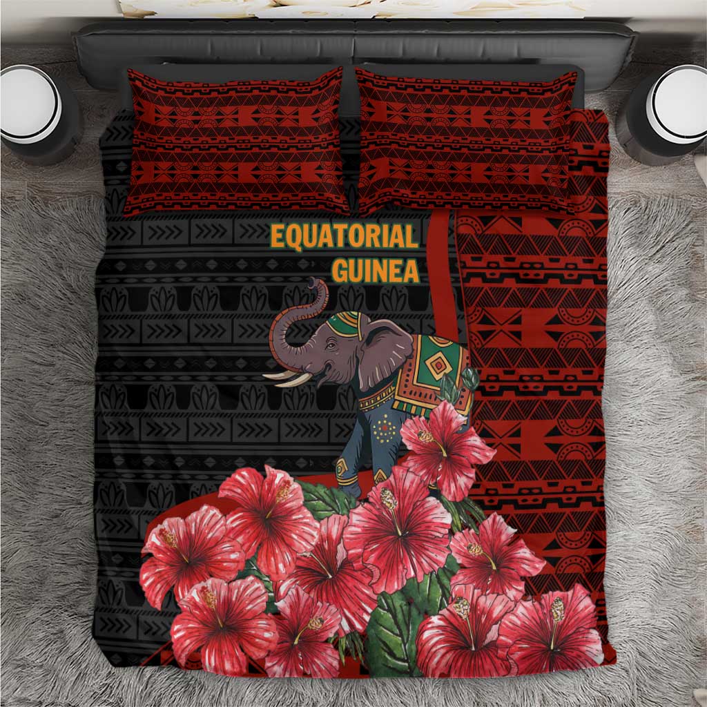 Equatorial Guinea Elephant Bedding Set - Hibiscus Flowers and Tribal Patterns