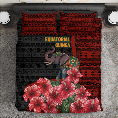 Equatorial Guinea Elephant Bedding Set - Hibiscus Flowers and Tribal Patterns