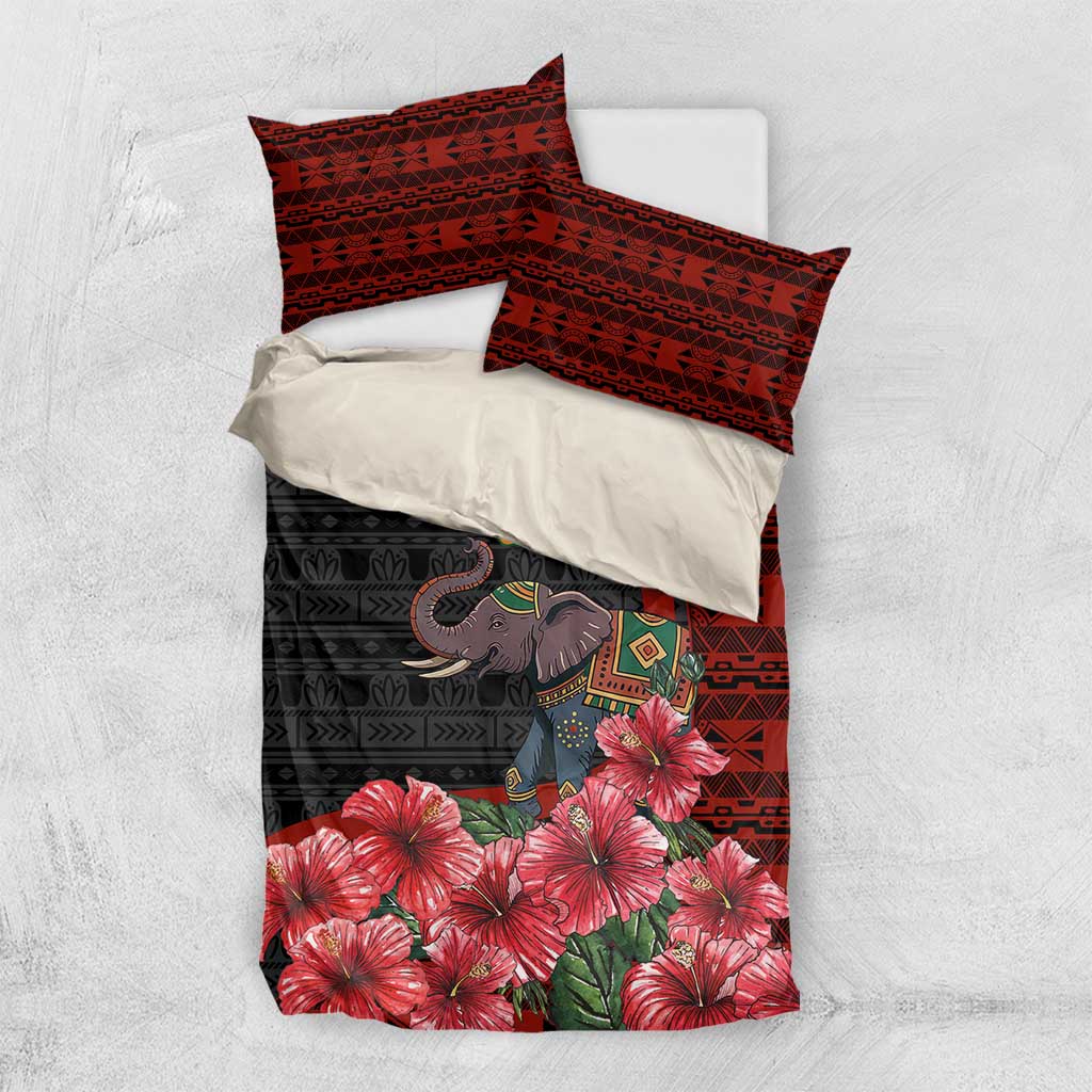 Equatorial Guinea Elephant Bedding Set - Hibiscus Flowers and Tribal Patterns
