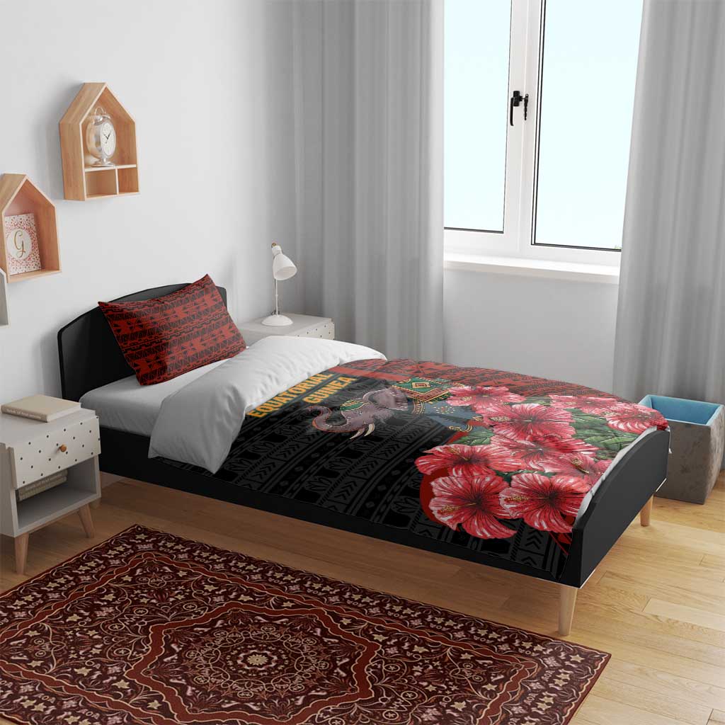 Equatorial Guinea Elephant Bedding Set - Hibiscus Flowers and Tribal Patterns