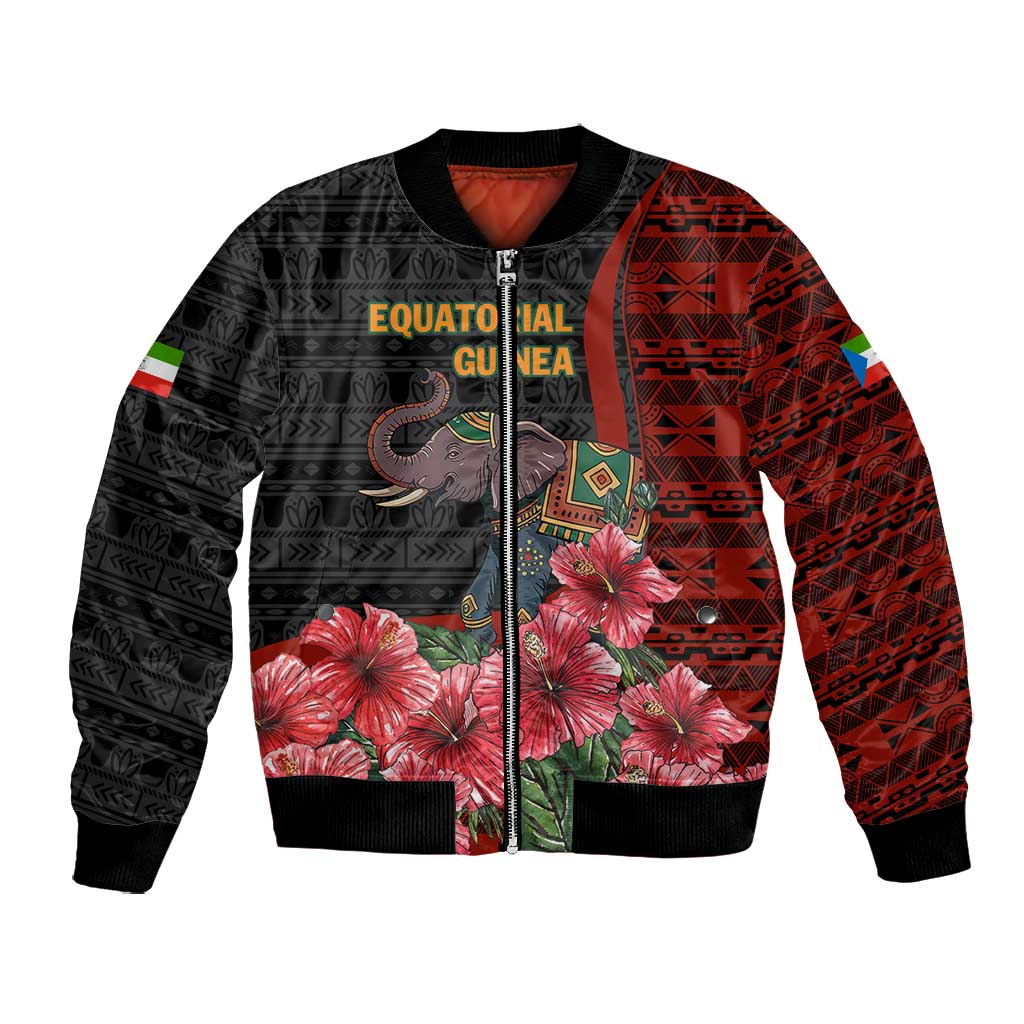 Equatorial Guinea Elephant Bomber Jacket - Hibiscus Flowers and Tribal Patterns