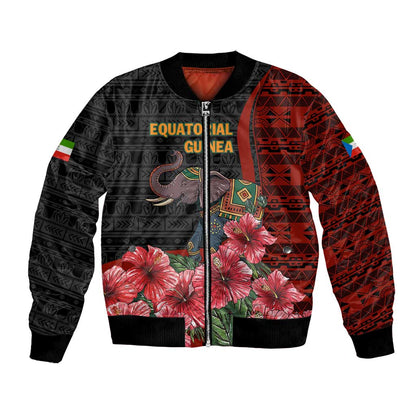 Equatorial Guinea Elephant Bomber Jacket - Hibiscus Flowers and Tribal Patterns