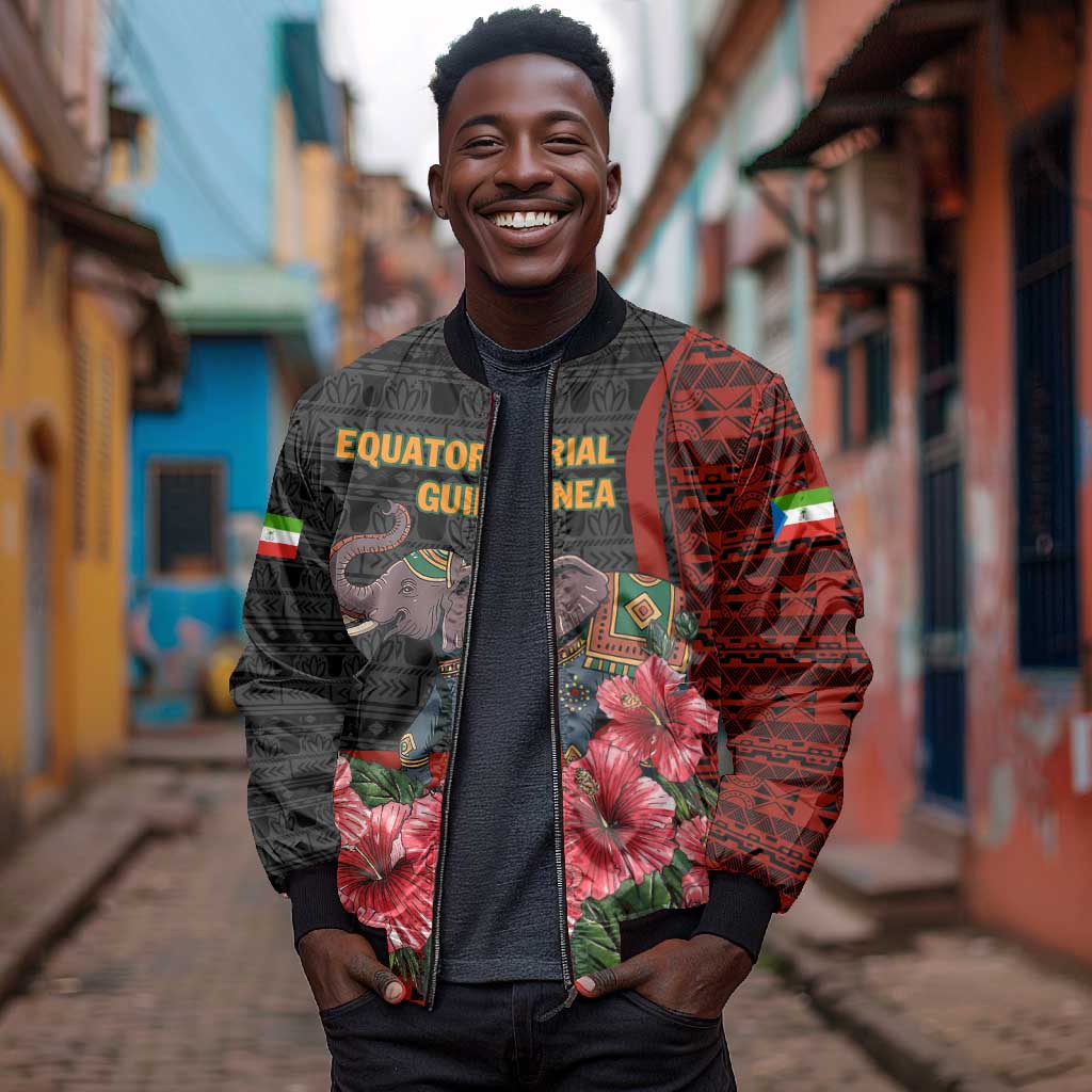 Equatorial Guinea Elephant Bomber Jacket - Hibiscus Flowers and Tribal Patterns