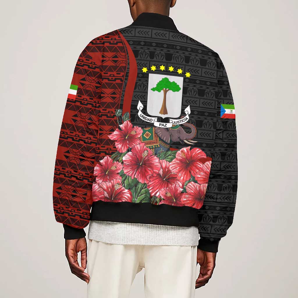Equatorial Guinea Elephant Bomber Jacket - Hibiscus Flowers and Tribal Patterns
