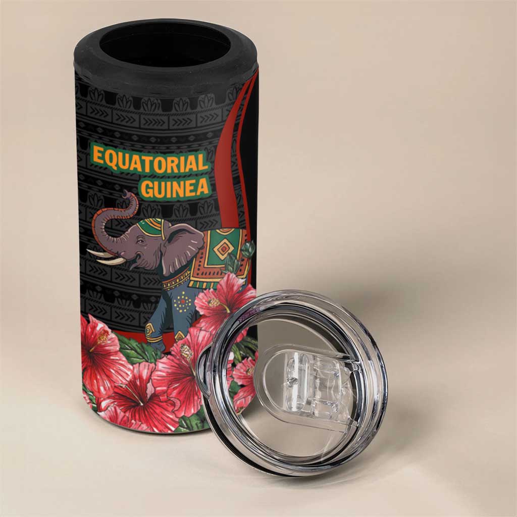 Equatorial Guinea Elephant 4 in 1 Can Cooler Tumbler - Hibiscus Flowers and Tribal Patterns
