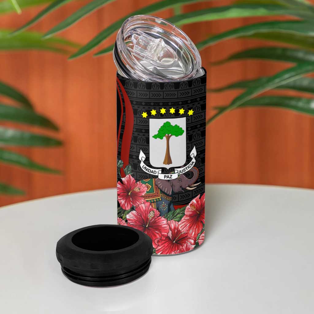 Equatorial Guinea Elephant 4 in 1 Can Cooler Tumbler - Hibiscus Flowers and Tribal Patterns