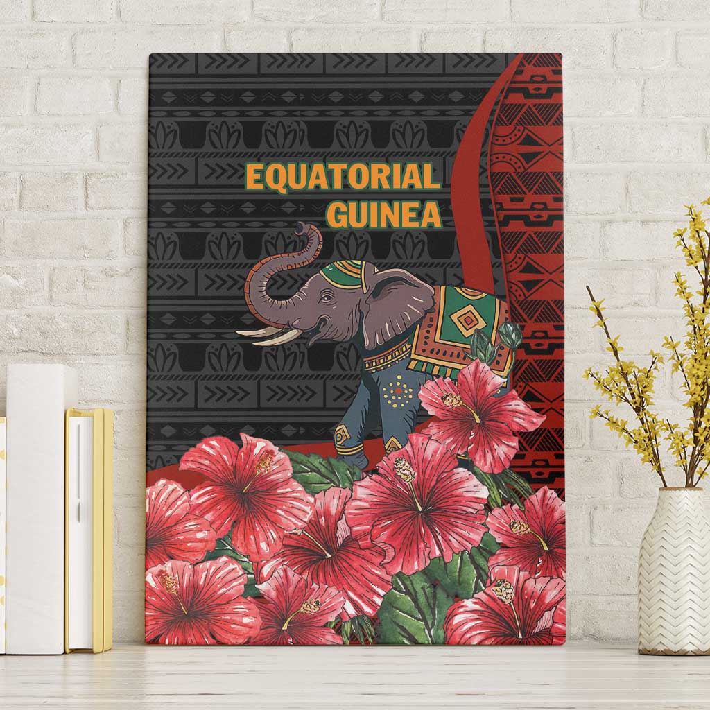 Equatorial Guinea Elephant Canvas Wall Art - Hibiscus Flowers and Tribal Patterns