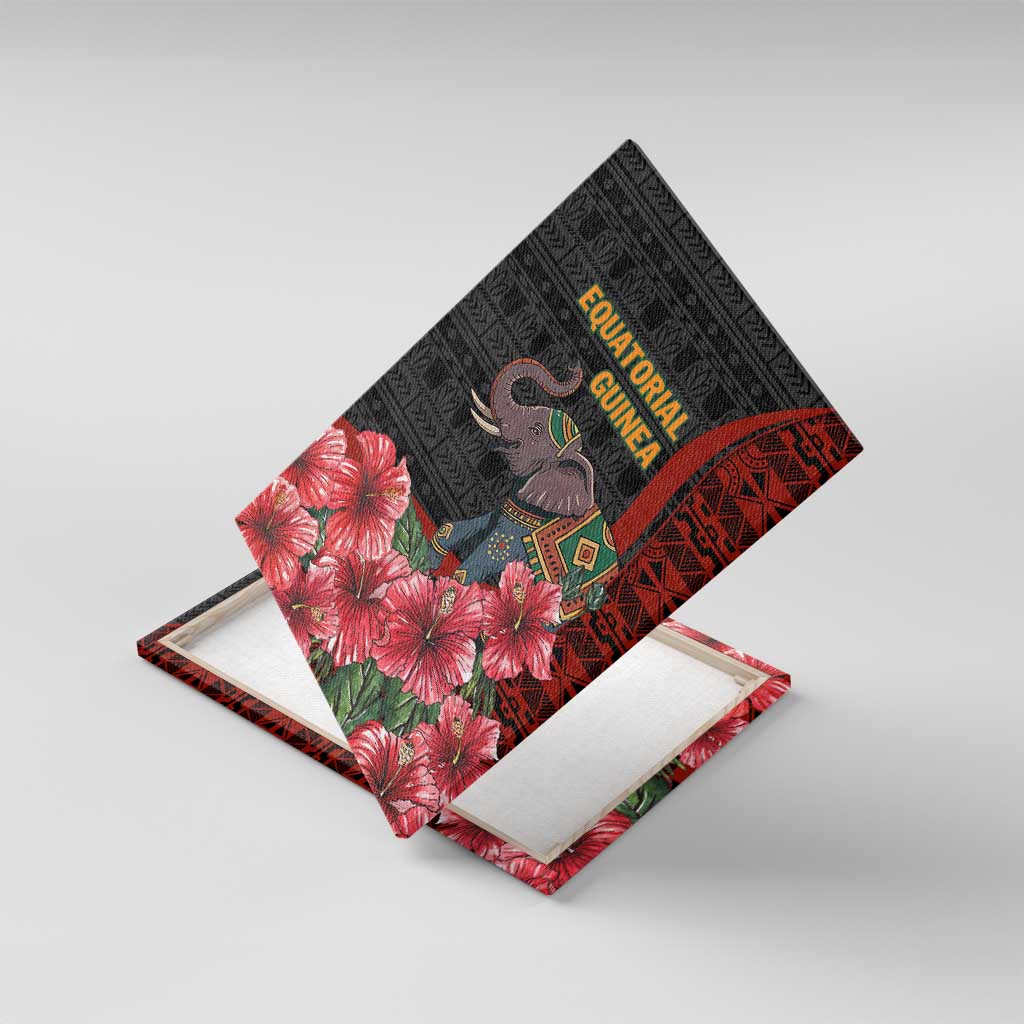 Equatorial Guinea Elephant Canvas Wall Art - Hibiscus Flowers and Tribal Patterns
