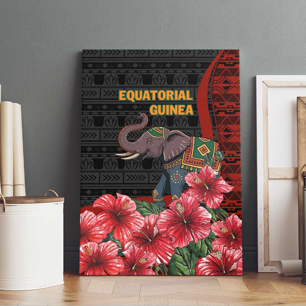 Equatorial Guinea Elephant Canvas Wall Art - Hibiscus Flowers and Tribal Patterns