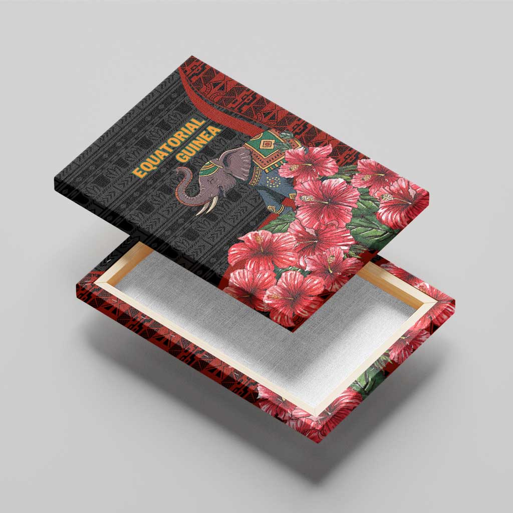 Equatorial Guinea Elephant Canvas Wall Art - Hibiscus Flowers and Tribal Patterns