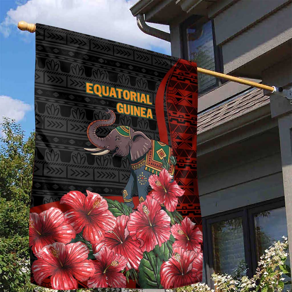 Equatorial Guinea Elephant Garden Flag - Hibiscus Flowers and Tribal Patterns