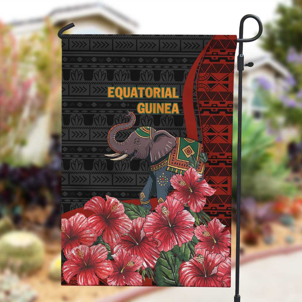 Equatorial Guinea Elephant Garden Flag - Hibiscus Flowers and Tribal Patterns
