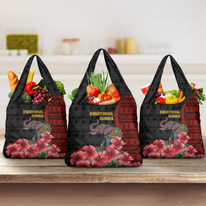 Equatorial Guinea Elephant Grocery Bag - Hibiscus Flowers and Tribal Patterns