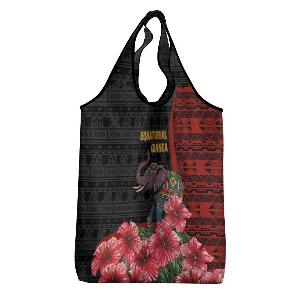 Equatorial Guinea Elephant Grocery Bag - Hibiscus Flowers and Tribal Patterns