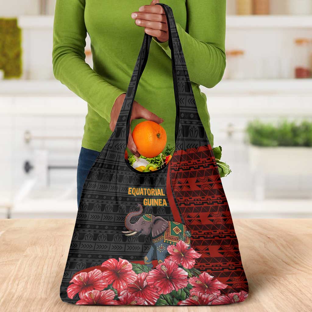 Equatorial Guinea Elephant Grocery Bag - Hibiscus Flowers and Tribal Patterns