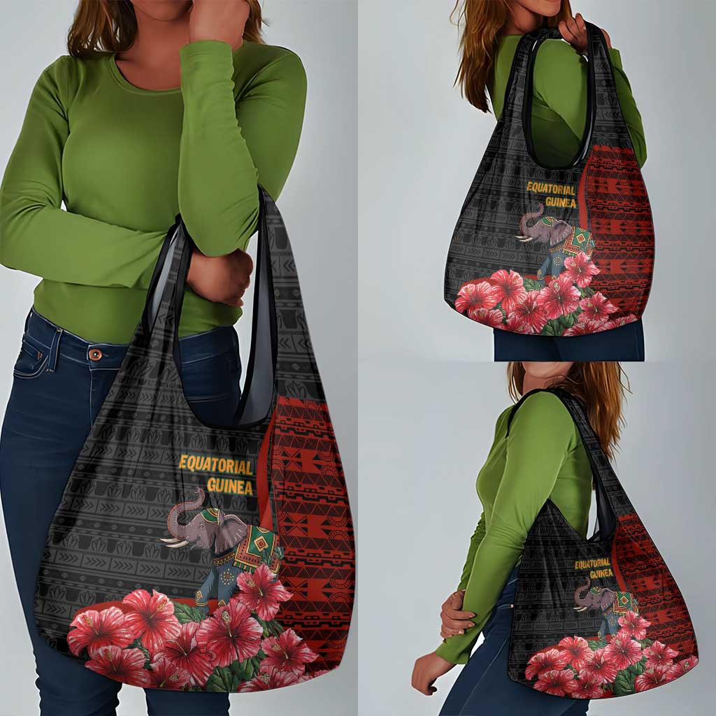Equatorial Guinea Elephant Grocery Bag - Hibiscus Flowers and Tribal Patterns