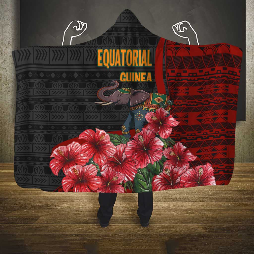 Equatorial Guinea Elephant Hooded Blanket - Hibiscus Flowers and Tribal Patterns