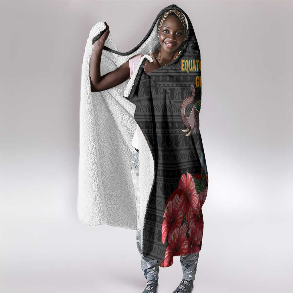 Equatorial Guinea Elephant Hooded Blanket - Hibiscus Flowers and Tribal Patterns