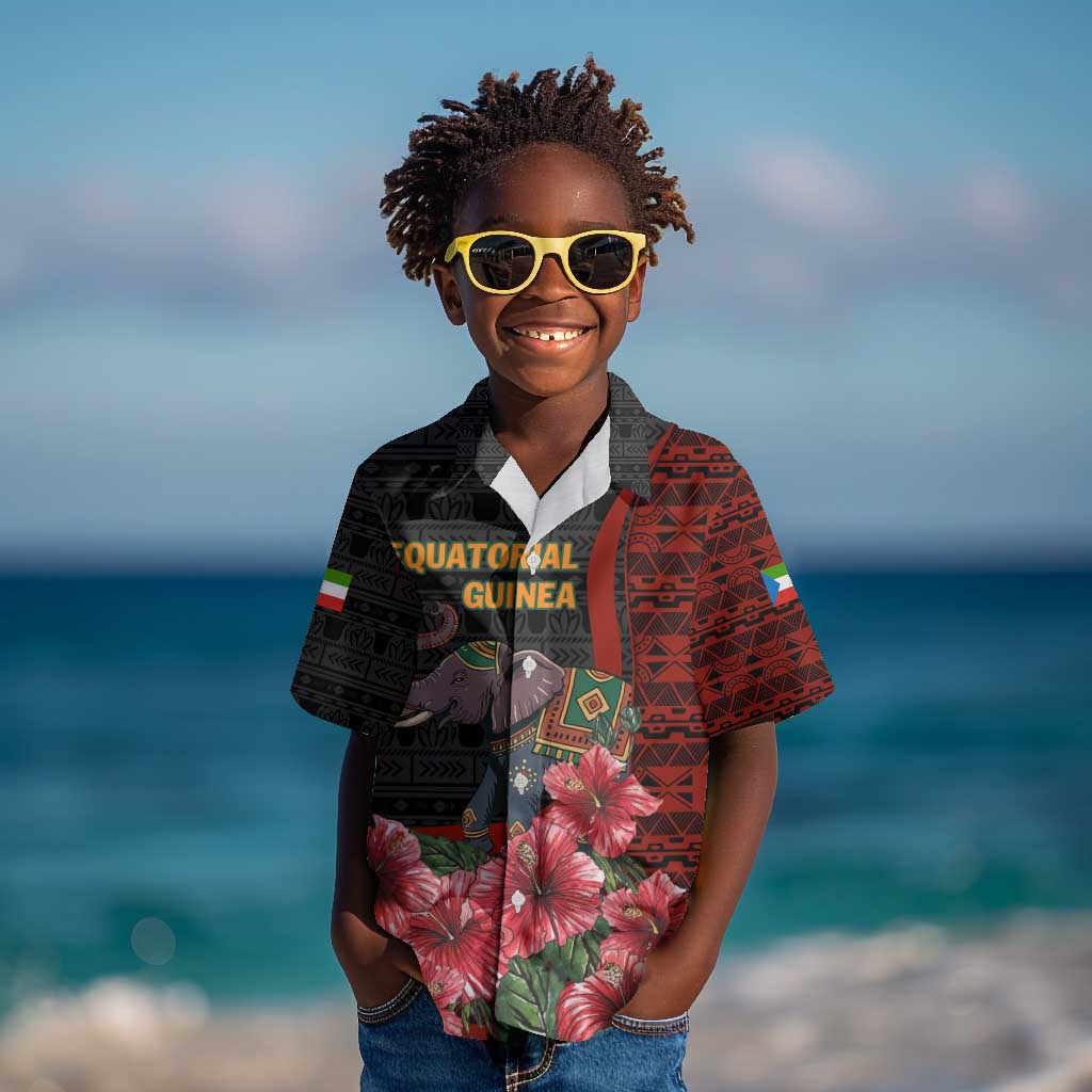 Equatorial Guinea Elephant Kid Hawaiian Shirt - Hibiscus Flowers and Tribal Patterns