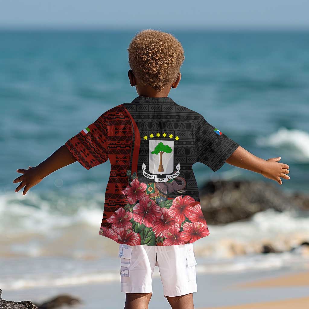 Equatorial Guinea Elephant Kid Hawaiian Shirt - Hibiscus Flowers and Tribal Patterns
