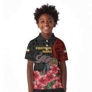 Equatorial Guinea Elephant Kid Polo Shirt - Hibiscus Flowers and Tribal Patterns